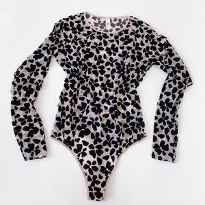 VS Sheer Long Sleeve Bodysuit with Black Velvet Floral Patterning
